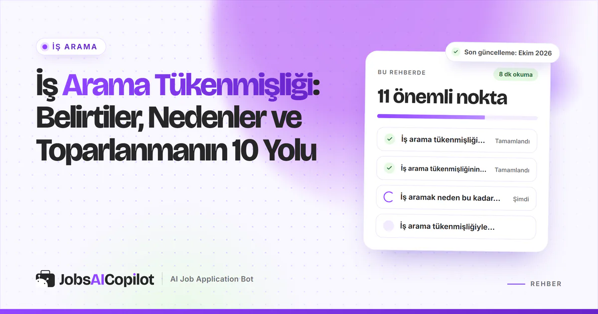 İş arama tükenmişliği rehber kartı: tükenmişlik nedir, belirtileri, nedenleri ve toparlanmanın 10 yolu, mor kapakta