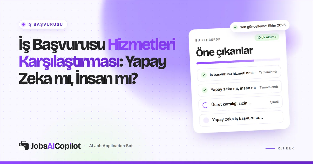 İş başvurusu hizmetleri rehber kartı: hizmet nedir, yapay zeka ile insan karşılaştırması ve fiyatlar, mor kapakta