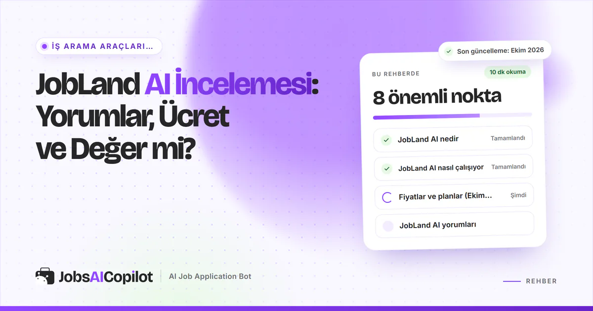 JobLand AI inceleme kartı: hizmet nedir, nasıl çalışır, Ekim 2026 fiyatları ve kullanıcı yorumları, mor kapakta