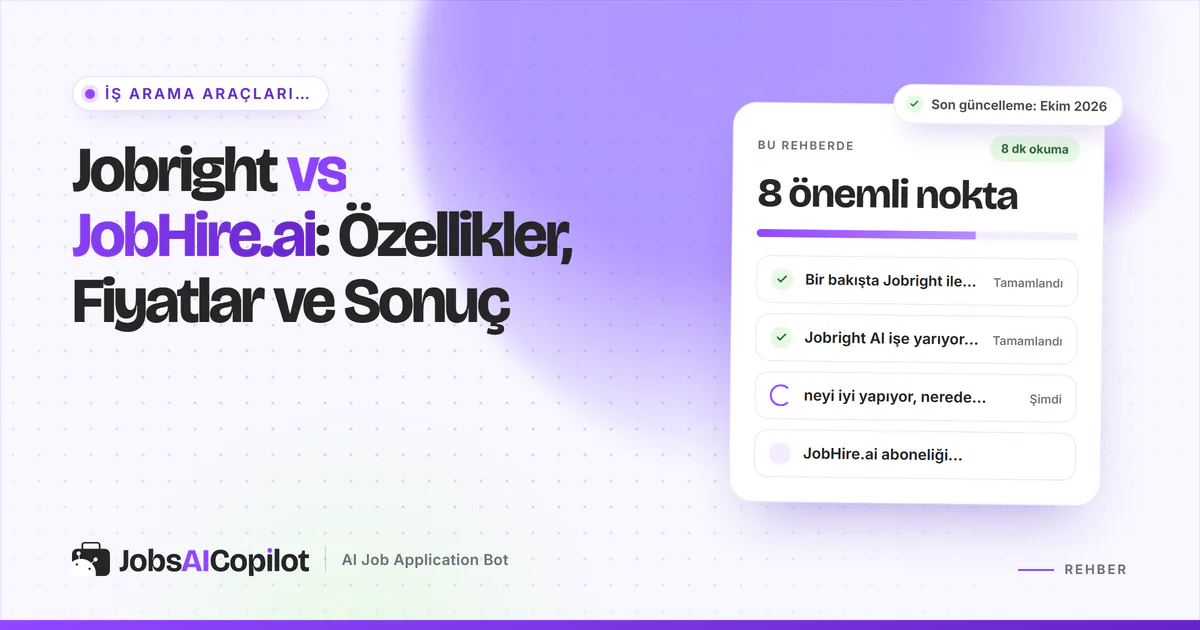 Jobright vs JobHire.ai karşılaştırma kartı: genel bakış, iki aracın güçlü ve zayıf yanları ve iptal adımları, mor kapakta