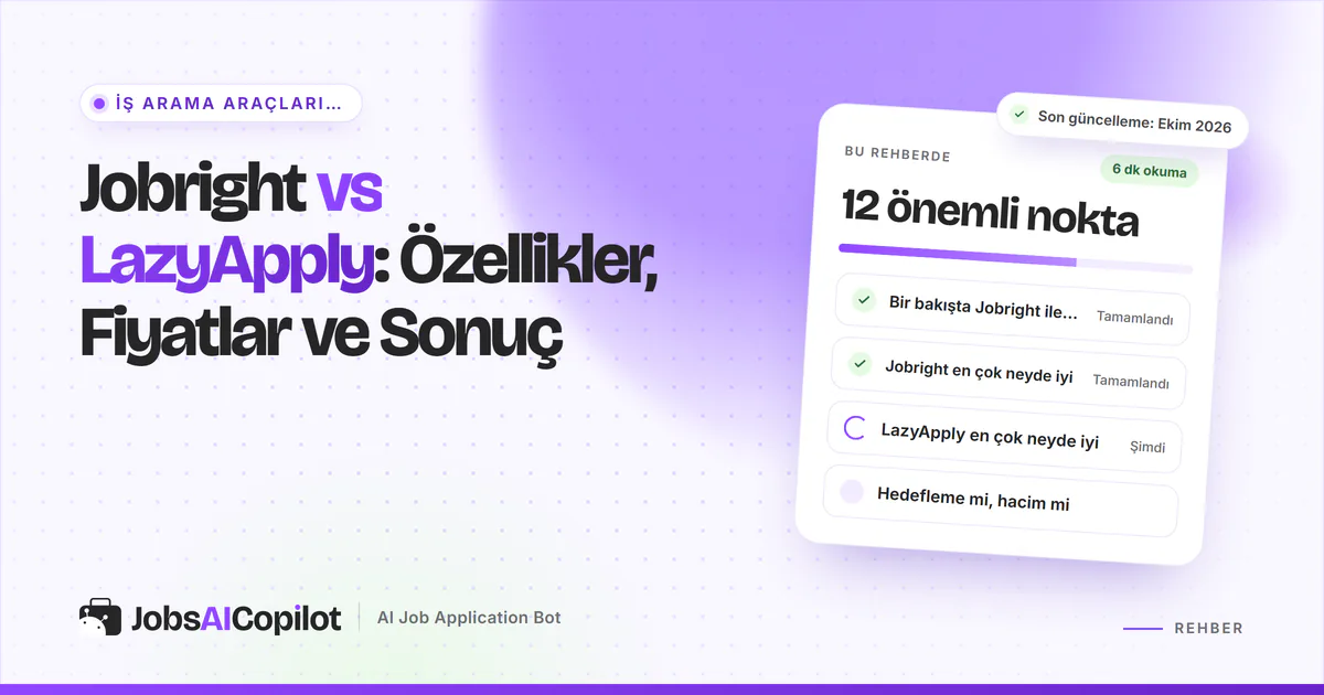 Jobright vs LazyApply karşılaştırma kartı: genel bakış, iki aracın güçlü yanları ve hedefleme ile hacim farkı, mor kapakta