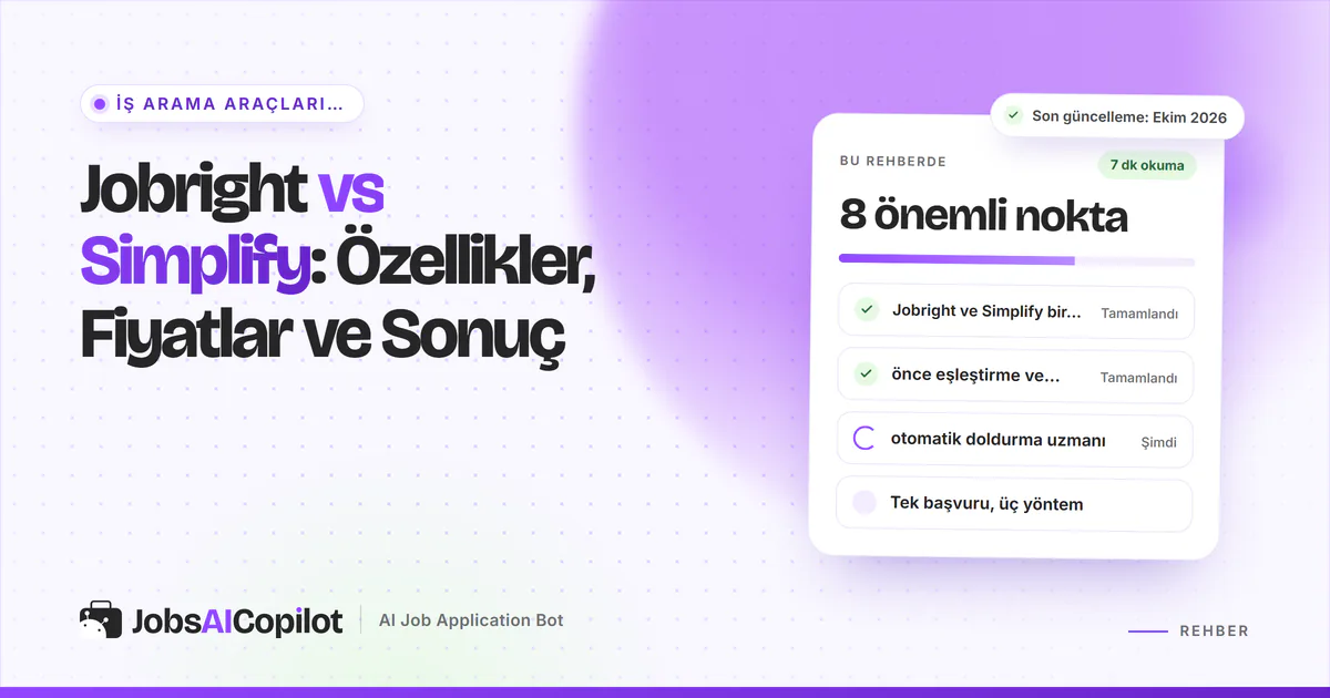 Jobright vs Simplify karşılaştırma kartı: genel bakış, eşleştirme ve referanslar, otomatik doldurma uzmanı, mor kapakta