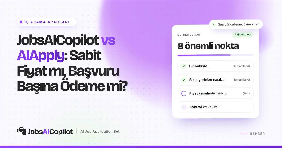 JobsAICopilot vs AIApply karşılaştırma kartı: genel bakış, başvuru yöntemleri, Ekim 2026 fiyatları ve kontrol, mor kapakta