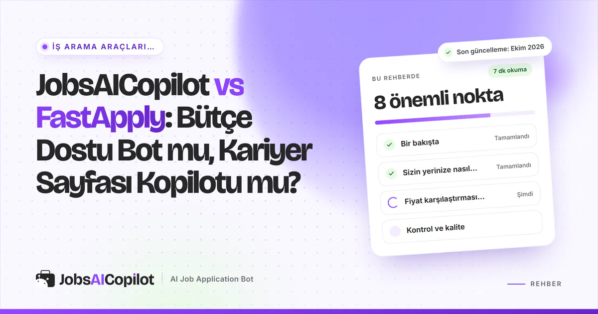 JobsAICopilot vs FastApply karşılaştırma kartı: genel bakış, başvuru yöntemleri, Ekim 2026 fiyatları ve kontrol, mor kapakta