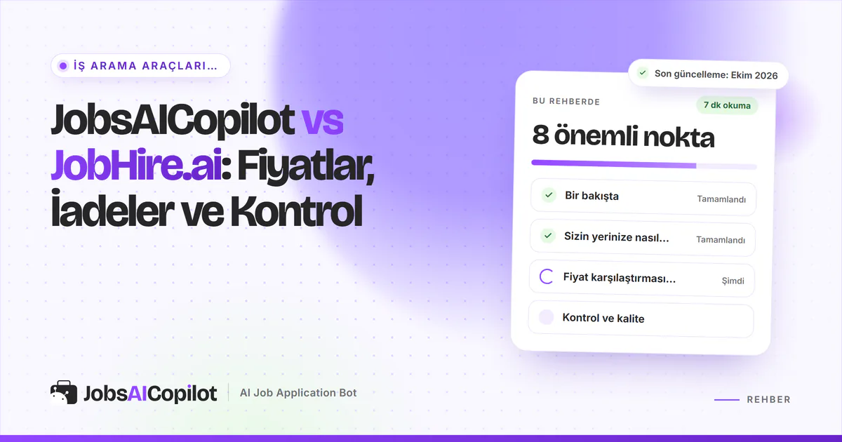 JobsAICopilot vs JobHire.ai karşılaştırma kartı: genel bakış, başvuru yöntemleri, Ekim 2026 fiyatları ve kontrol