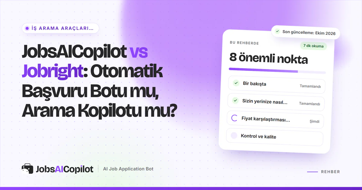 JobsAICopilot vs Jobright karşılaştırma kartı: genel bakış, başvuru yöntemleri, Ekim 2026 fiyatları ve kontrol, mor kapakta