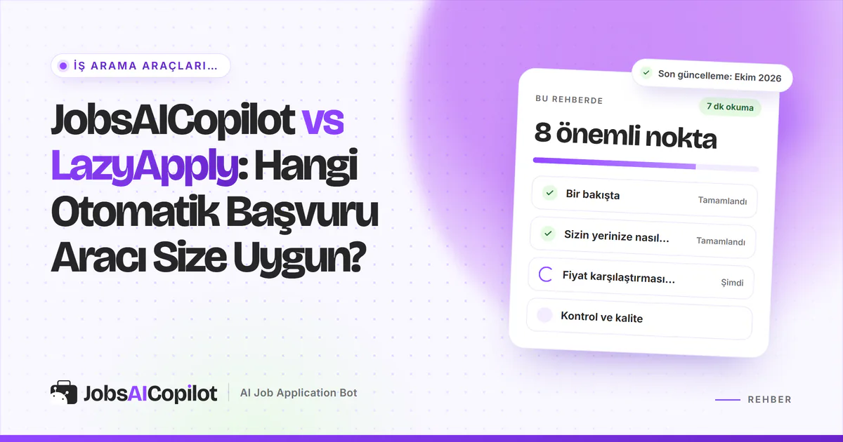 JobsAICopilot vs LazyApply karşılaştırma kartı: genel bakış, başvuru yöntemleri, Ekim 2026 fiyatları ve kontrol