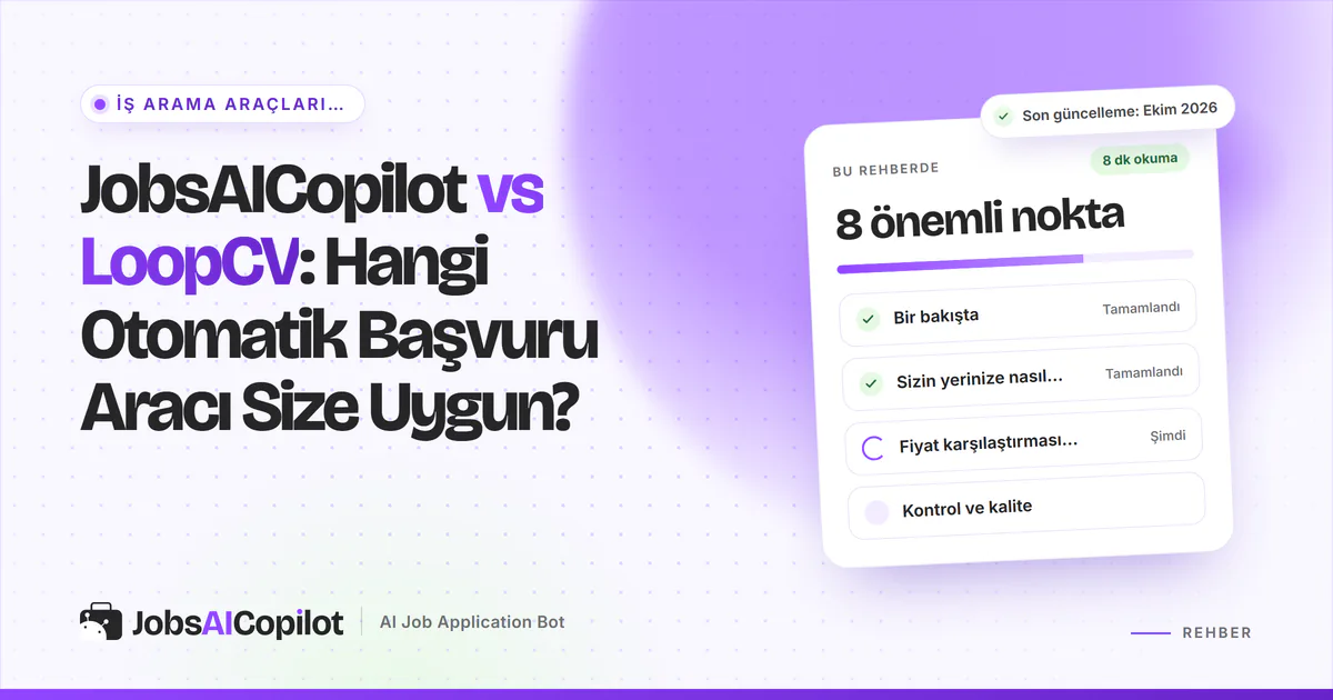 JobsAICopilot vs LoopCV karşılaştırma kartı: genel bakış, başvuru yöntemleri, Ekim 2026 fiyatları ve kontrol, mor kapakta