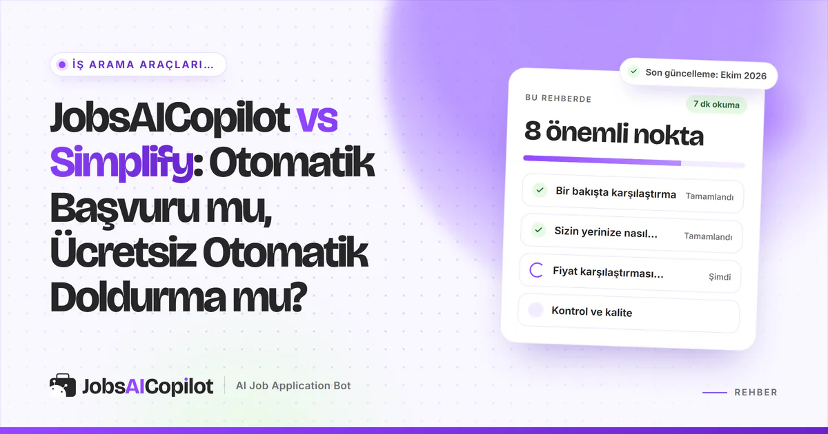 JobsAICopilot vs Simplify karşılaştırma kartı: genel bakış, başvuru yöntemleri, Ekim 2026 fiyatları ve kontrol, mor kapakta