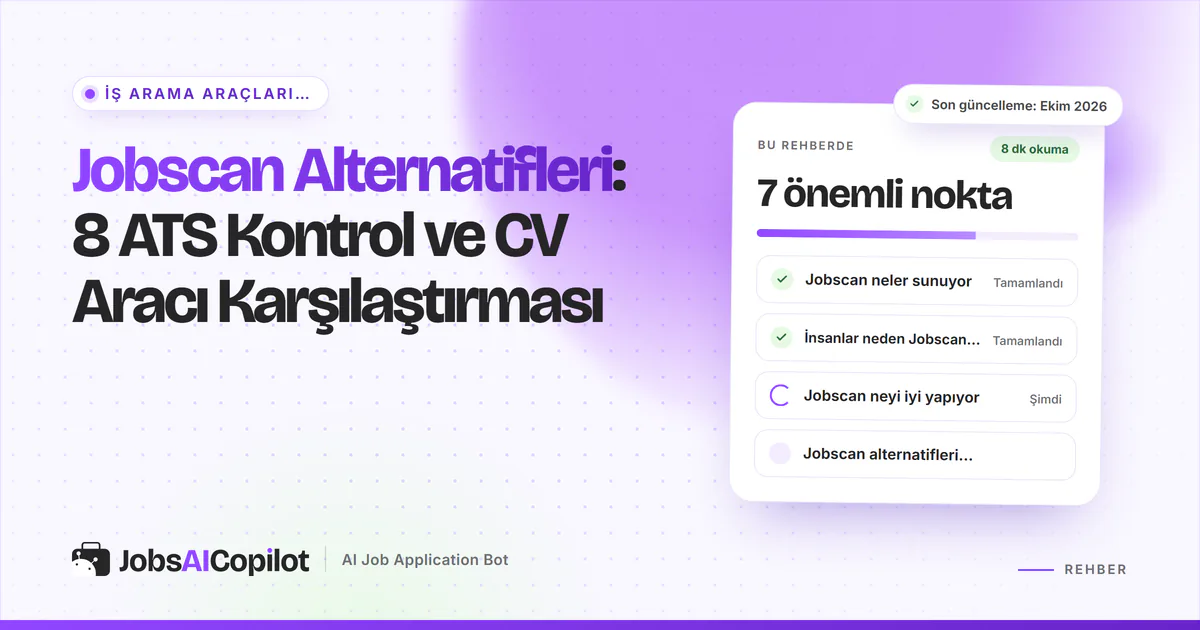 Jobscan alternatifleri kartı: Jobscan'in sundukları, neden alternatif aranıyor ve güçlü yönleri, mor JobsAICopilot kapağında