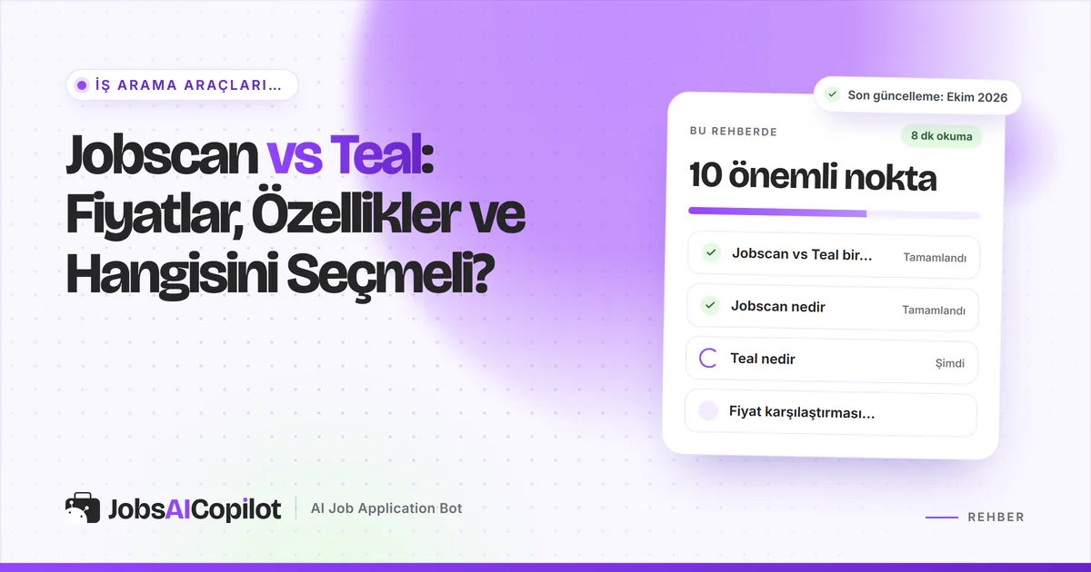 Jobscan vs Teal karşılaştırma kartı: genel bakış, Jobscan ve Teal nedir, Ekim 2026 fiyatları, mor JobsAICopilot kapağında
