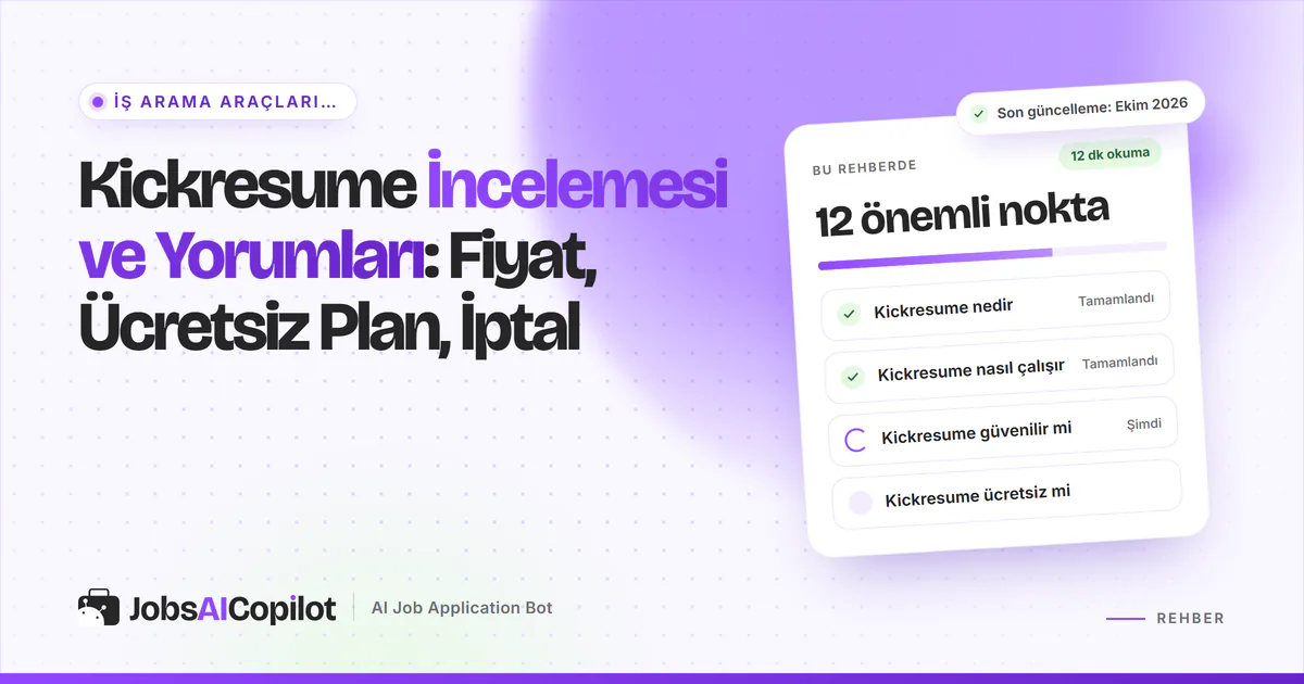 Kickresume inceleme kartı: ücretsiz plan, Türkiye'den görünen 2026 fiyatları, iade koşulları ve puanlar, mor kapakta