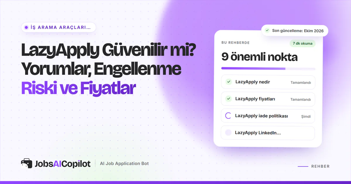 LazyApply güvenilir mi kartı: LazyApply nedir, 2026 fiyatları, iade politikası ve LinkedIn hesap güvenliği, mor kapakta