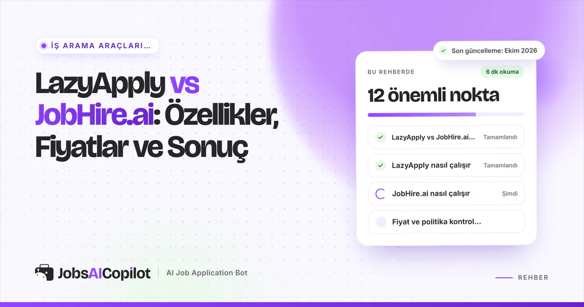 LazyApply vs JobHire.ai karşılaştırma kartı: genel bakış, iki aracın işleyişi ve fiyat ile politika listesi, mor kapakta