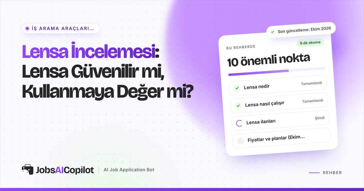 Lensa inceleme kartı: Lensa nedir, nasıl çalışır, ilanların kaynağı ve Ekim 2026 fiyatları, mor JobsAICopilot kapağında