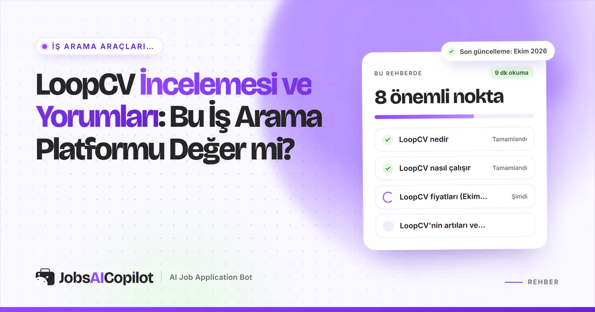 LoopCV inceleme kartı: LoopCV nedir, nasıl çalışır, Ekim 2026 fiyatları, artılar ve eksiler, mor JobsAICopilot kapağında