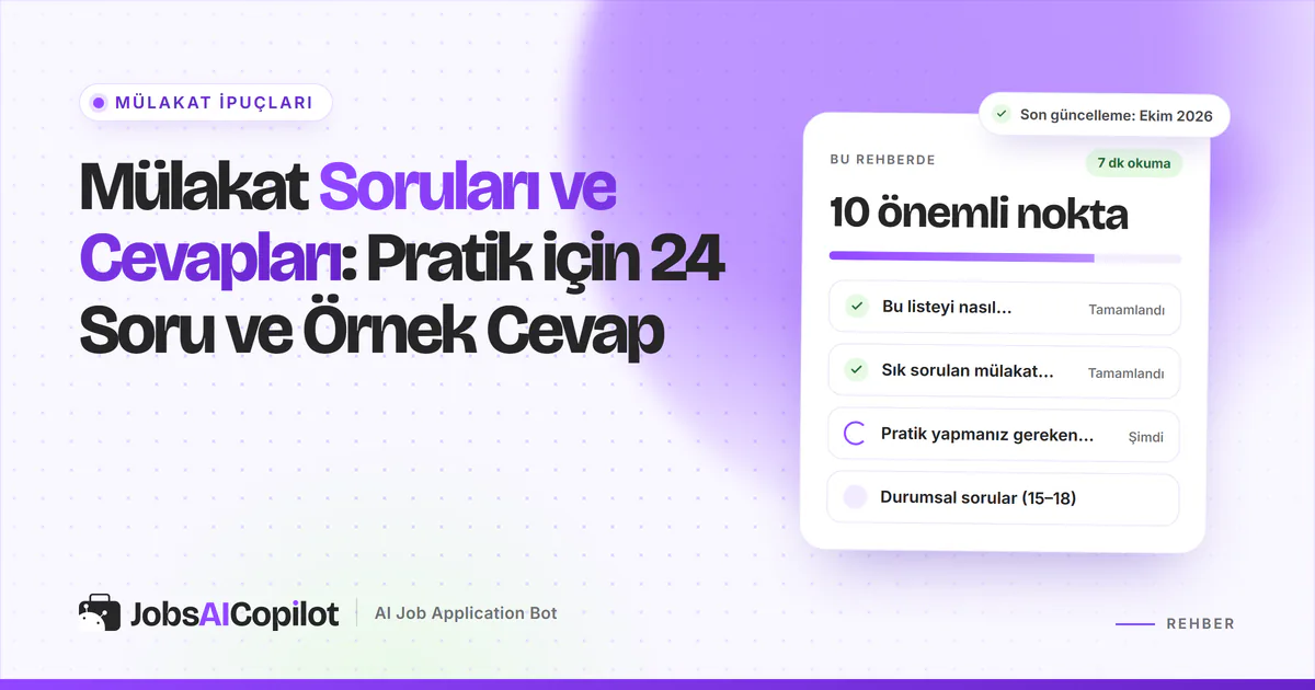 Mülakat soruları ve cevapları kartı: listenin kullanımı, sık sorulan sorular ve davranışsal sorular, mor kapakta