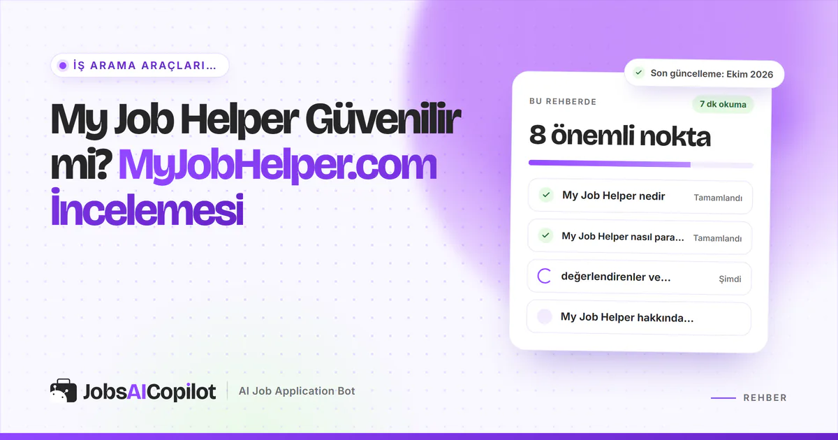 My Job Helper güvenilir mi kartı: site nedir, nasıl para kazanır ve kullanıcıların bildirdikleri, mor JobsAICopilot kapağında