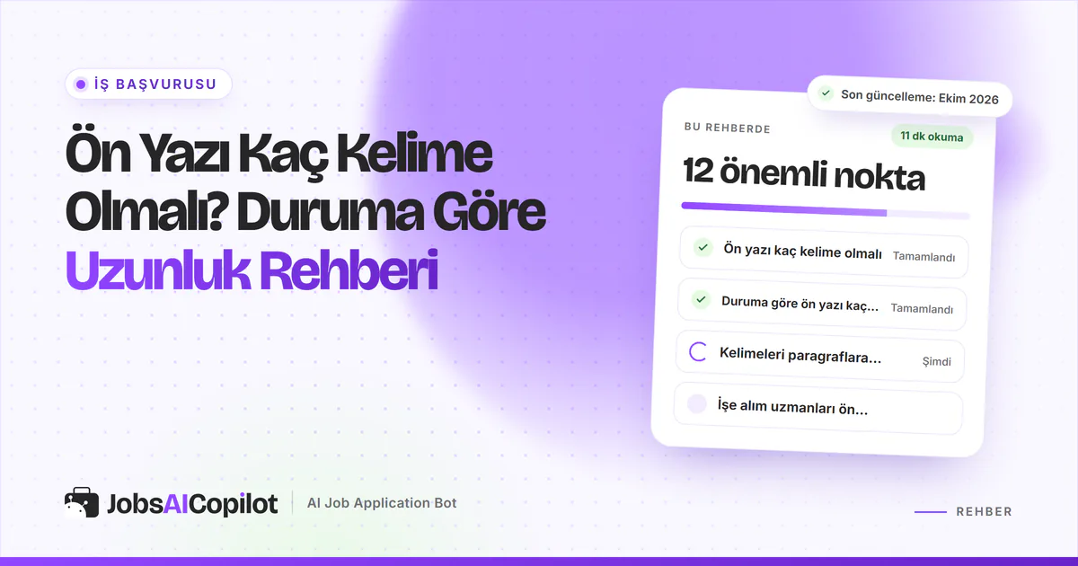 Ön yazı kaç kelime olmalı: 250 ile 400 kelime arası işaretlenmiş tek sayfalık bir mektup, mor JobsAICopilot kapağında