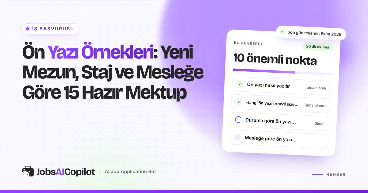Ön yazı örnekleri: yeni mezun, hemşire, öğretmen ve müşteri temsilcisi için örnek mektuplar, mor JobsAICopilot kapağında