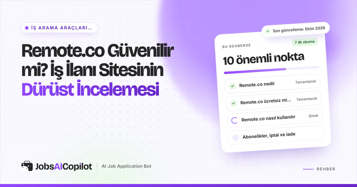 Remote.co güvenilir mi kartı: site nedir, ücretsiz mi, nasıl kullanılır ve abonelik ile iptal, mor JobsAICopilot kapağında