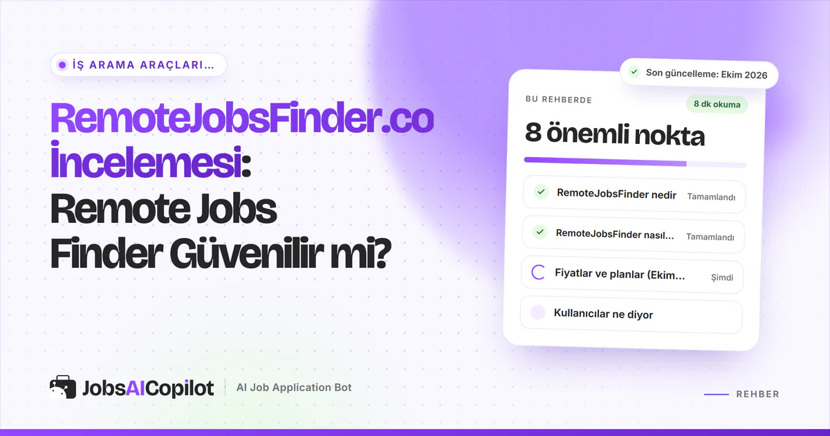 RemoteJobsFinder inceleme kartı: hizmet nedir, nasıl çalışır, Ekim 2026 fiyatları ve kullanıcı görüşleri, mor kapakta