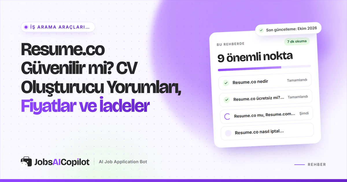 Resume.co güvenilir mi kartı: site nedir, Ekim 2026 fiyatları, Resume.co ile Resume.com farkı ve iptal, mor kapakta