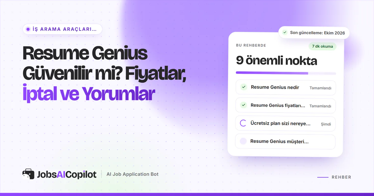 Resume Genius güvenilir mi kartı: site nedir, Ekim 2026 fiyatları, ücretsiz plan ve iptal adımları, mor kapakta