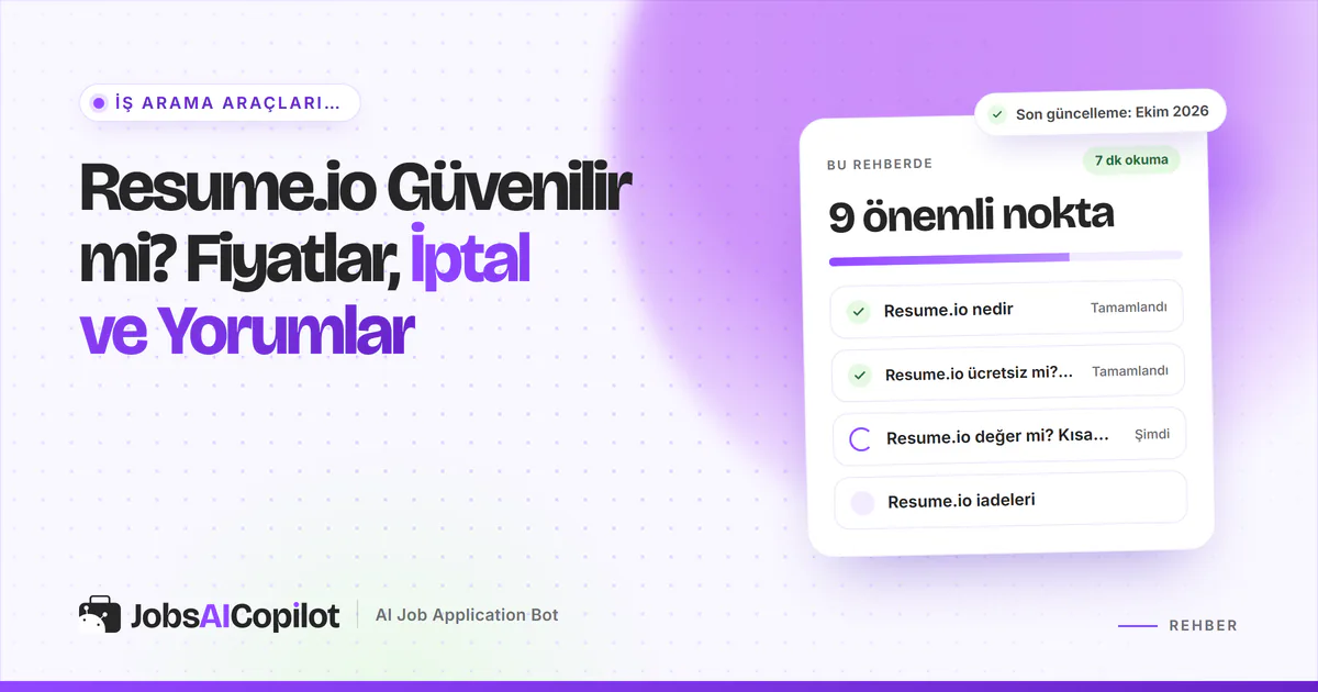 Resume.io güvenilir mi kartı: site nedir, Ekim 2026 fiyatları, değer mi ve iade koşulları, mor JobsAICopilot kapağında