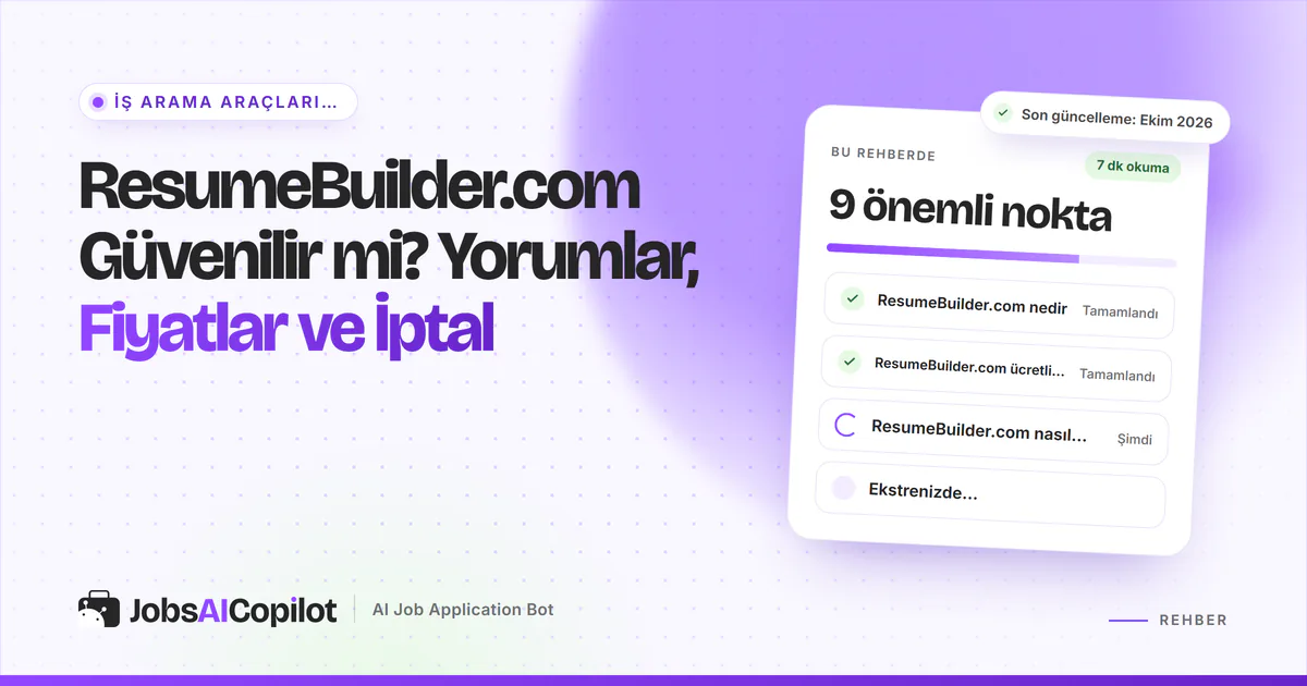 ResumeBuilder.com güvenilir mi kartı: site nedir, Ekim 2026 fiyatları, iptal ve iade adımları, mor JobsAICopilot kapağında