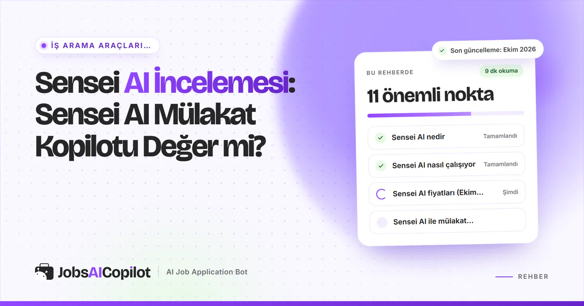 Sensei AI inceleme kartı: araç nedir, nasıl çalışır, Ekim 2026 fiyatları ve mülakat prova rutini, mor kapakta