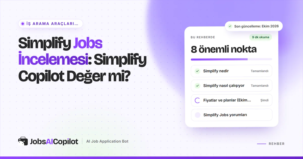 Simplify Jobs inceleme kartı: Simplify nedir, nasıl çalışır, Ekim 2026 fiyatları ve kullanıcı yorumları, mor kapakta