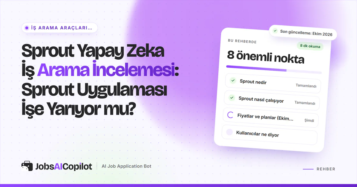 Sprout inceleme kartı: Sprout nedir, yapay zeka ile iş arama ve otomatik başvuru, Ekim 2026 fiyatları, mor kapakta