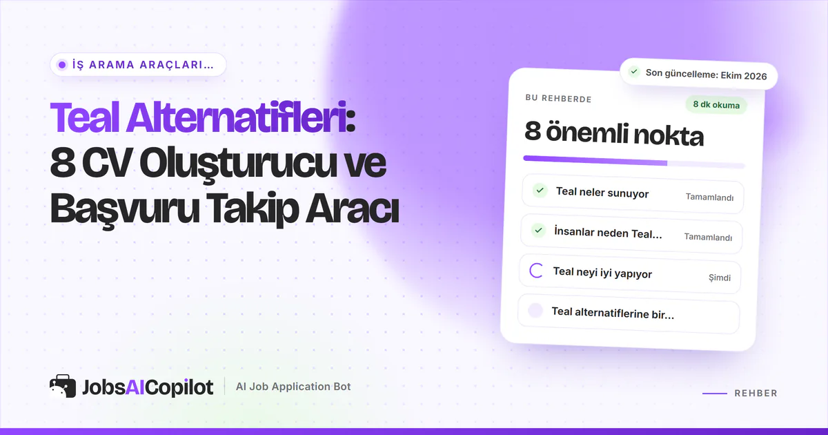 Teal alternatifleri kartı: Teal'in sundukları, neden alternatif aranıyor ve güçlü yönleri, mor JobsAICopilot kapağında