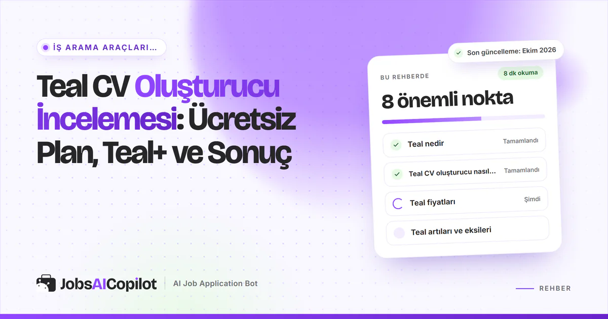 Teal CV oluşturucu inceleme kartı: Teal nedir, CV oluşturucunun işleyişi ve ücretsiz ile Teal+ fiyatları, mor kapakta