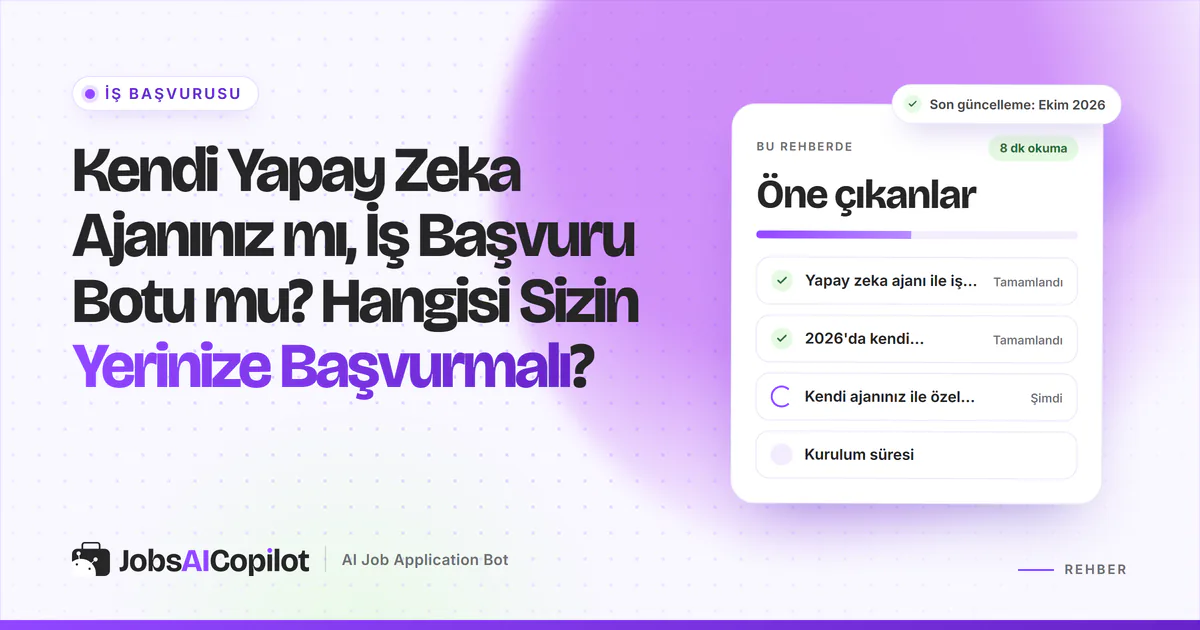 Kendi yapay zeka ajanı ile iş başvuru botu rehber kartı: farklar, kurulum süresi ve engellenme riski, mor kapakta