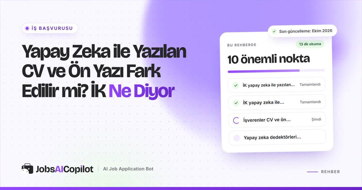 Yapay zeka ile yazılan CV ve ön yazı fark edilir mi: büyüteç altında bir CV ve ön yazı, mor JobsAICopilot kapağında