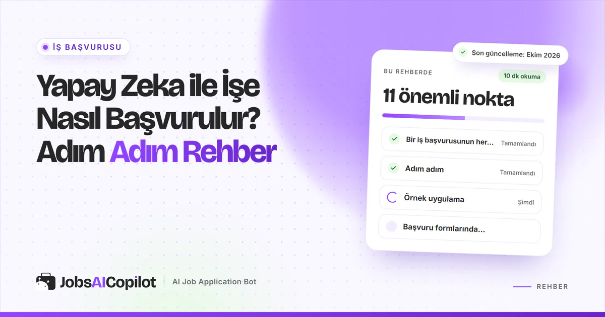 Yapay zeka ile işe başvurma rehber kartı: her aşamada yapay zekanın rolü, adım adım akış ve örnek başvuru, mor kapakta