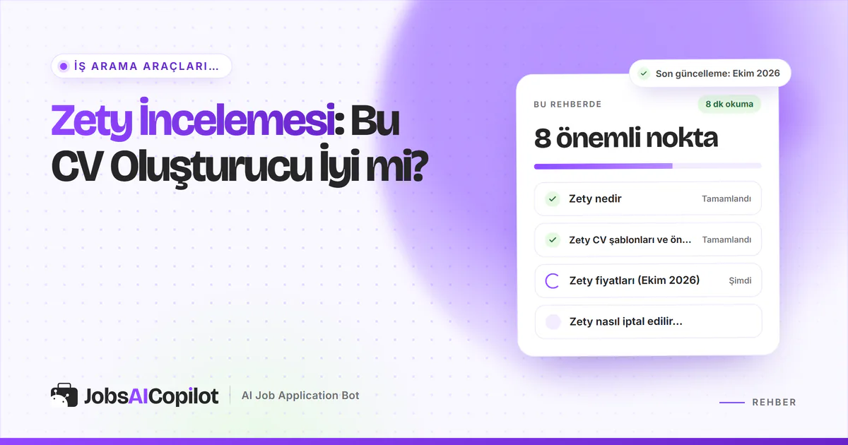 Zety inceleme kartı: Zety nedir, CV şablonları ve ön yazı oluşturucu, Ekim 2026 fiyatları, mor JobsAICopilot kapağında