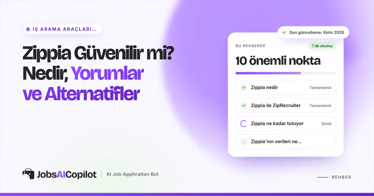 Zippia güvenilir mi kartı: Zippia nedir, ZipRecruiter ile farkı, ücretleri ve veri doğruluğu, mor JobsAICopilot kapağında