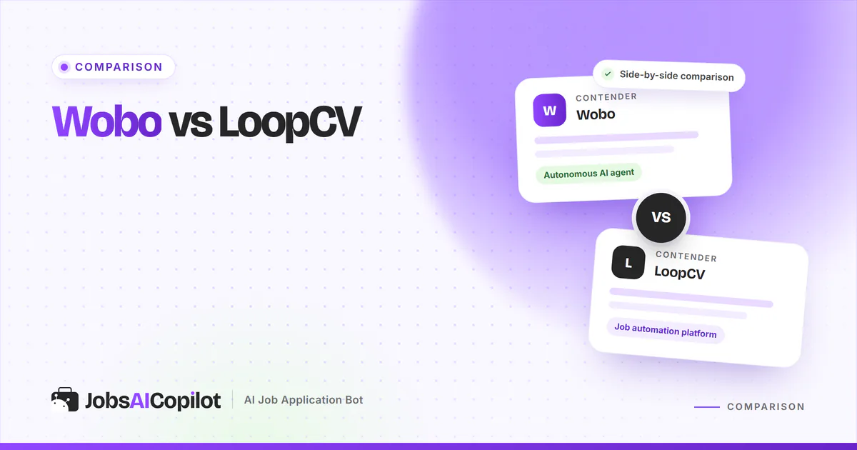 Wobo vs LoopCV comparison cards with a VS badge on a violet JobsAICopilot cover