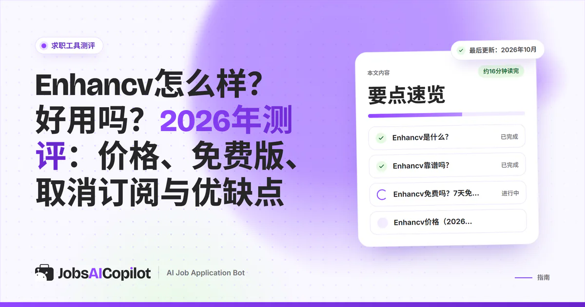 Enhancv测评封面：紫色JobsAICopilot封面上列出价格、7天免费版、退款规则和优缺点