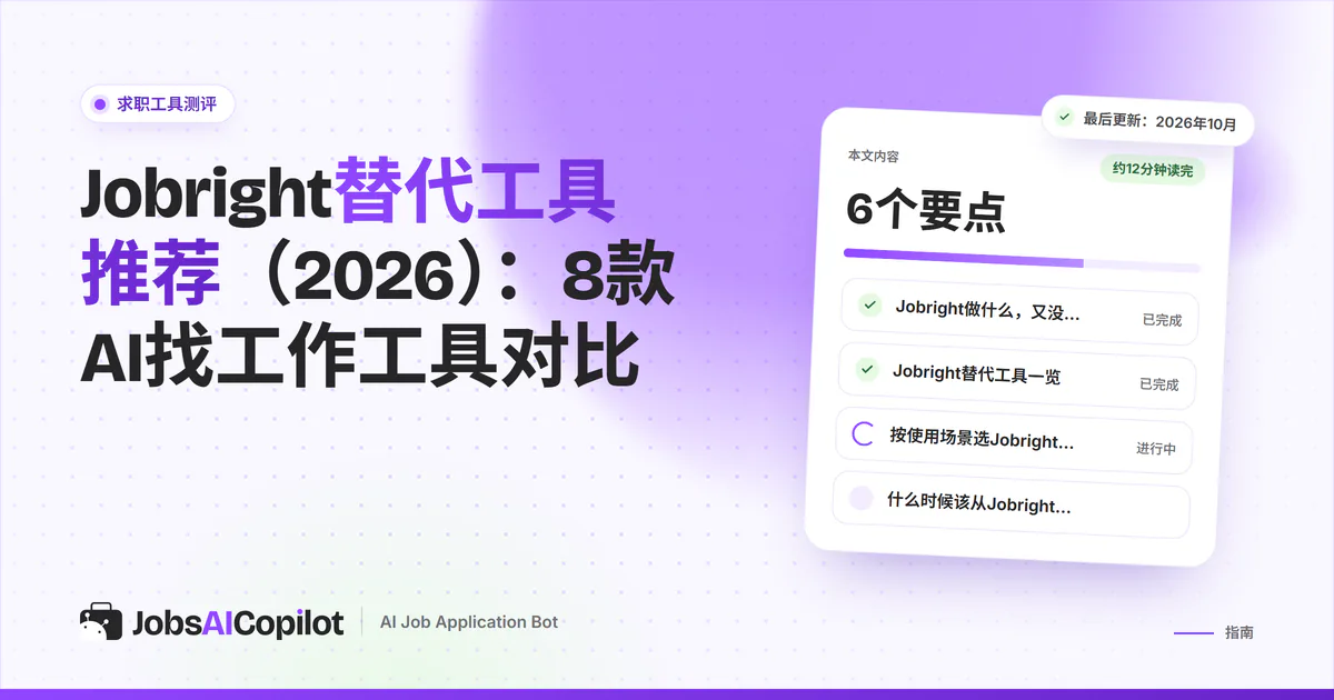 Jobright替代工具：紫色JobsAICopilot封面上列出JobsAICopilot、Simplify、Wobo和LoopCV