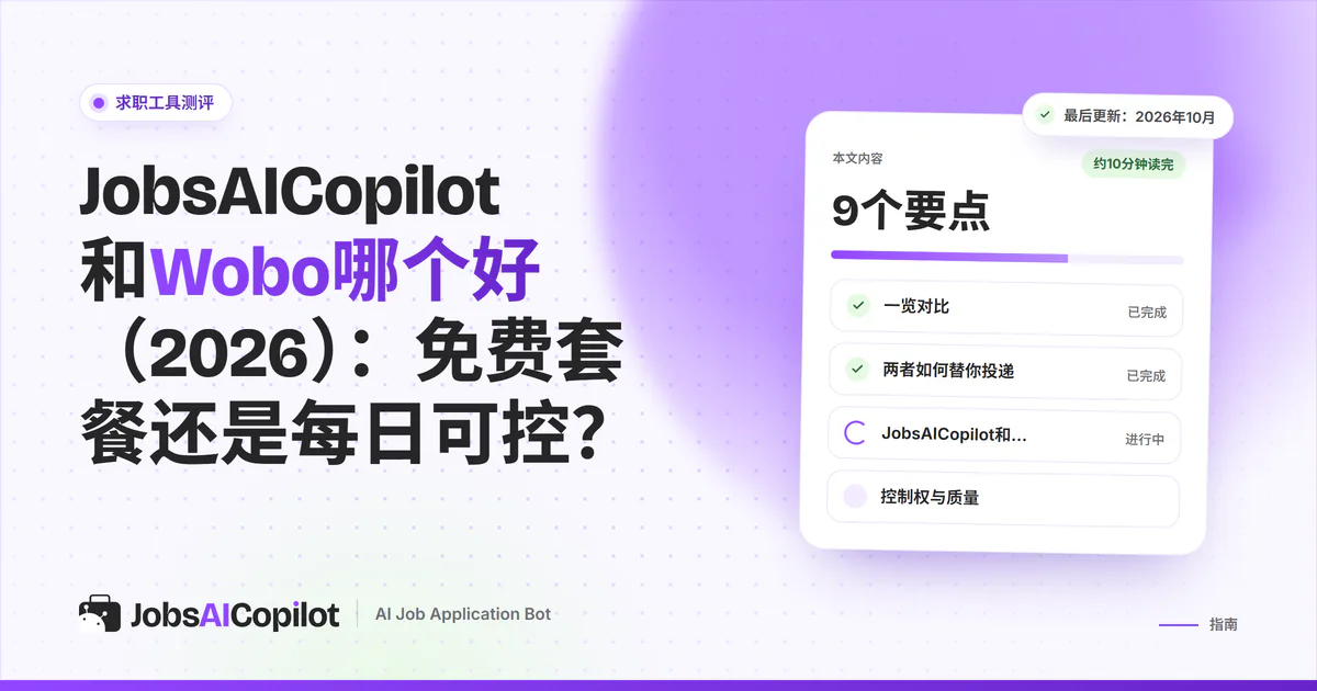 JobsAICopilot与Wobo对比封面：滑动投递卡片旁边是带审核的每日投递队列