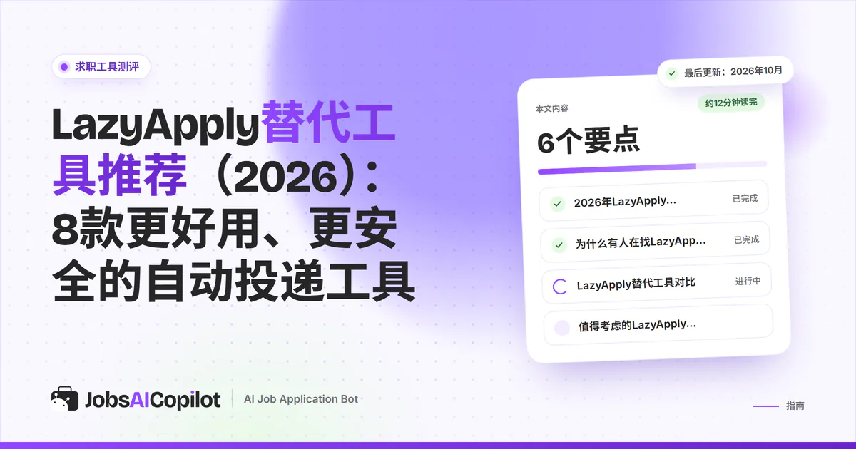 LazyApply替代工具：紫色JobsAICopilot封面上列出JobsAICopilot、Wobo、FastApply和LoopCV