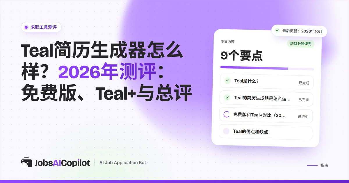 Teal简历生成器测评卡片：紫色JobsAICopilot封面上列出主要功能、价格明细和优缺点