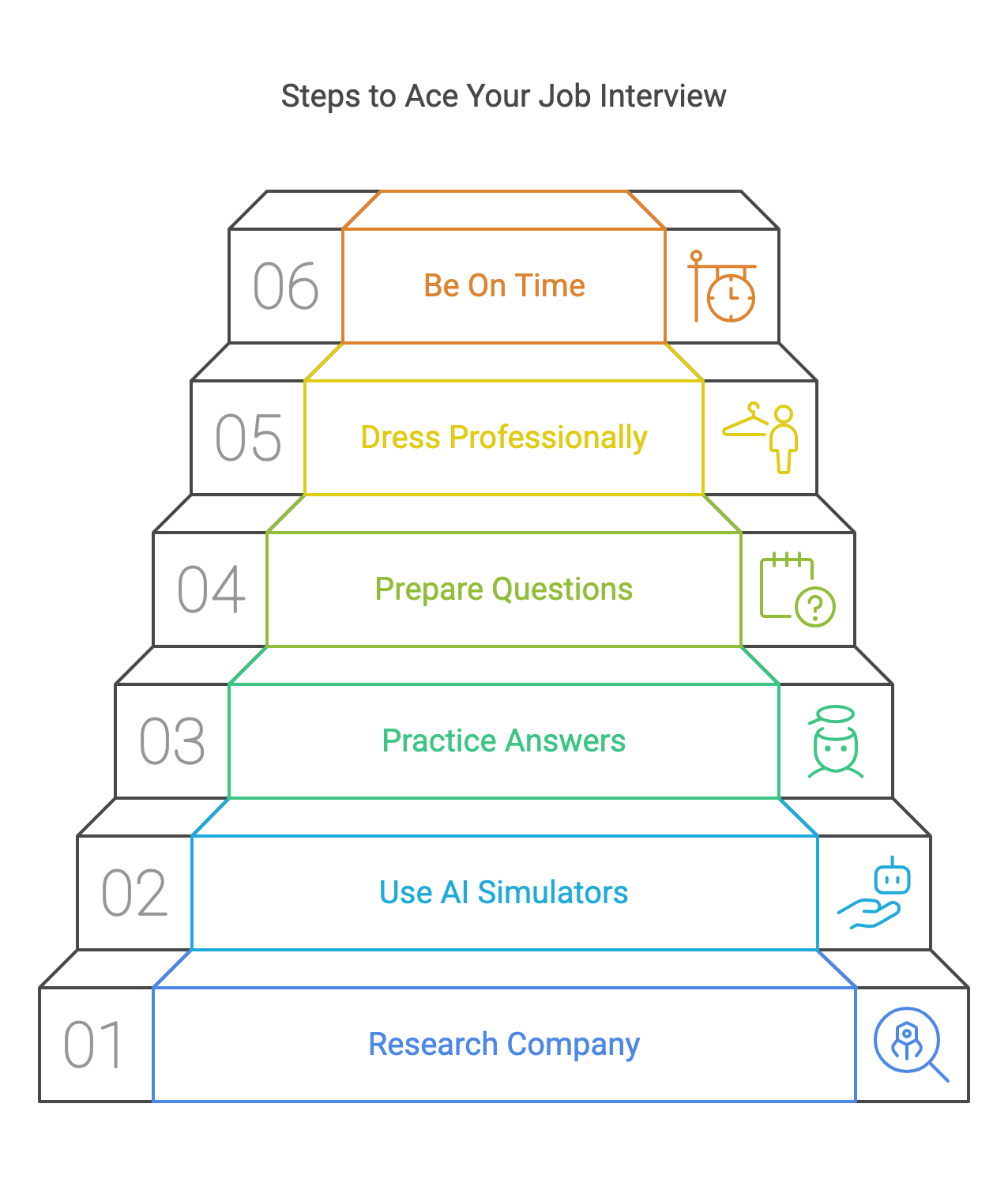 Six-step job interview staircase: research, AI simulators, practice answers, prepare questions, dress well, be on time